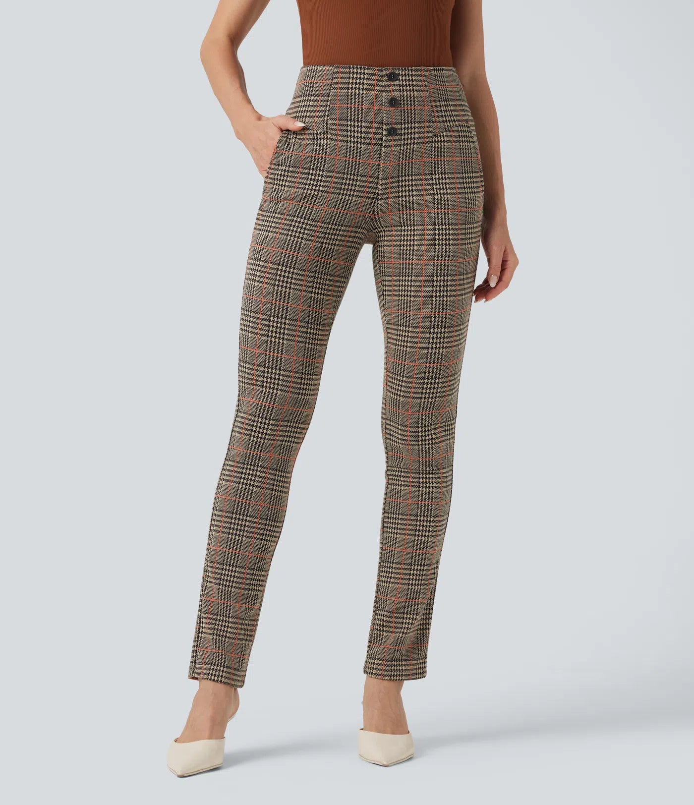BumFlair – High Waisted Houndstooth Plaid Skinny Work Pants with Pockets