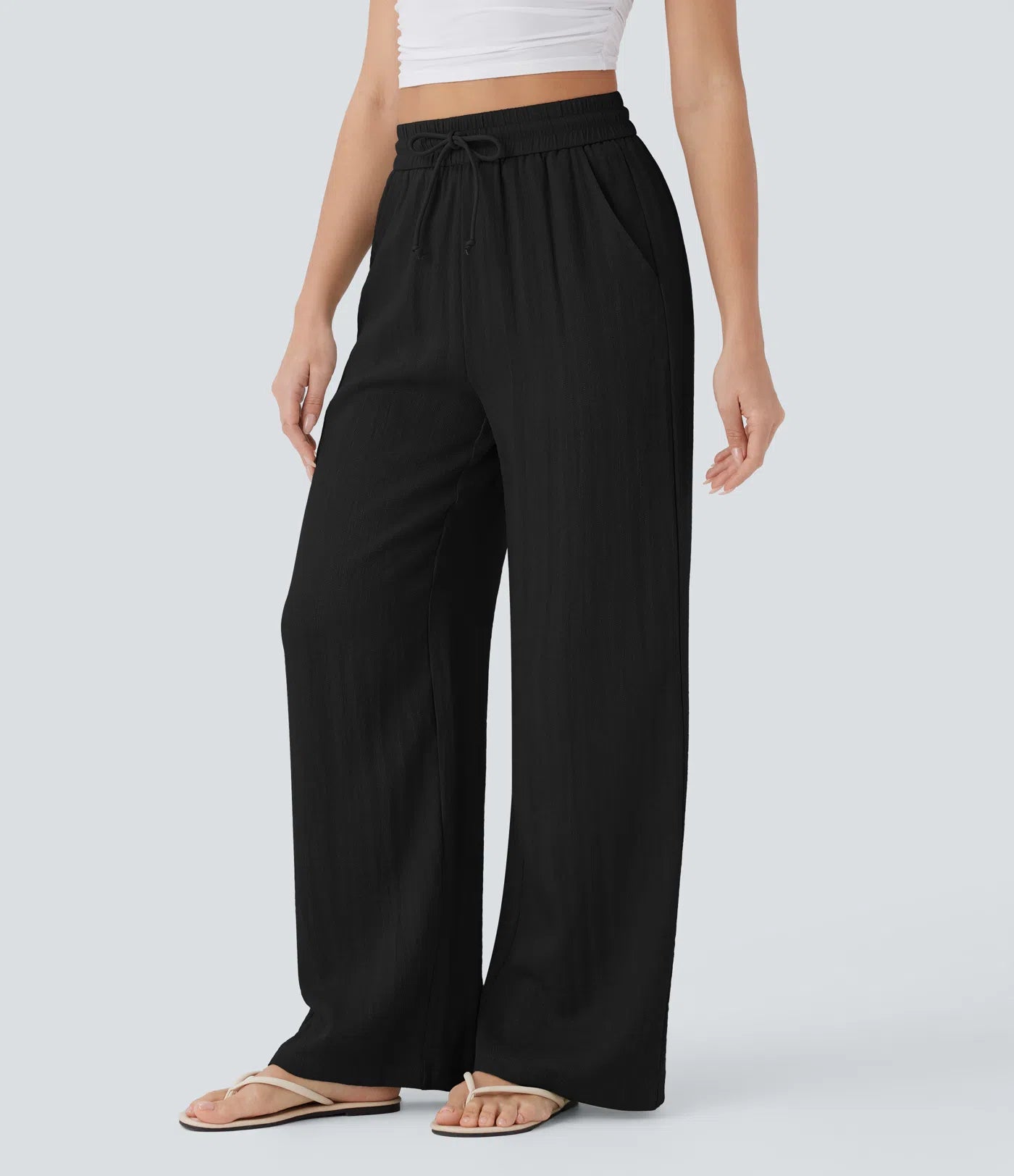 BumFlair - High Waisted Drawstring Pocket Wide Leg Casual Linen-Feel Pants