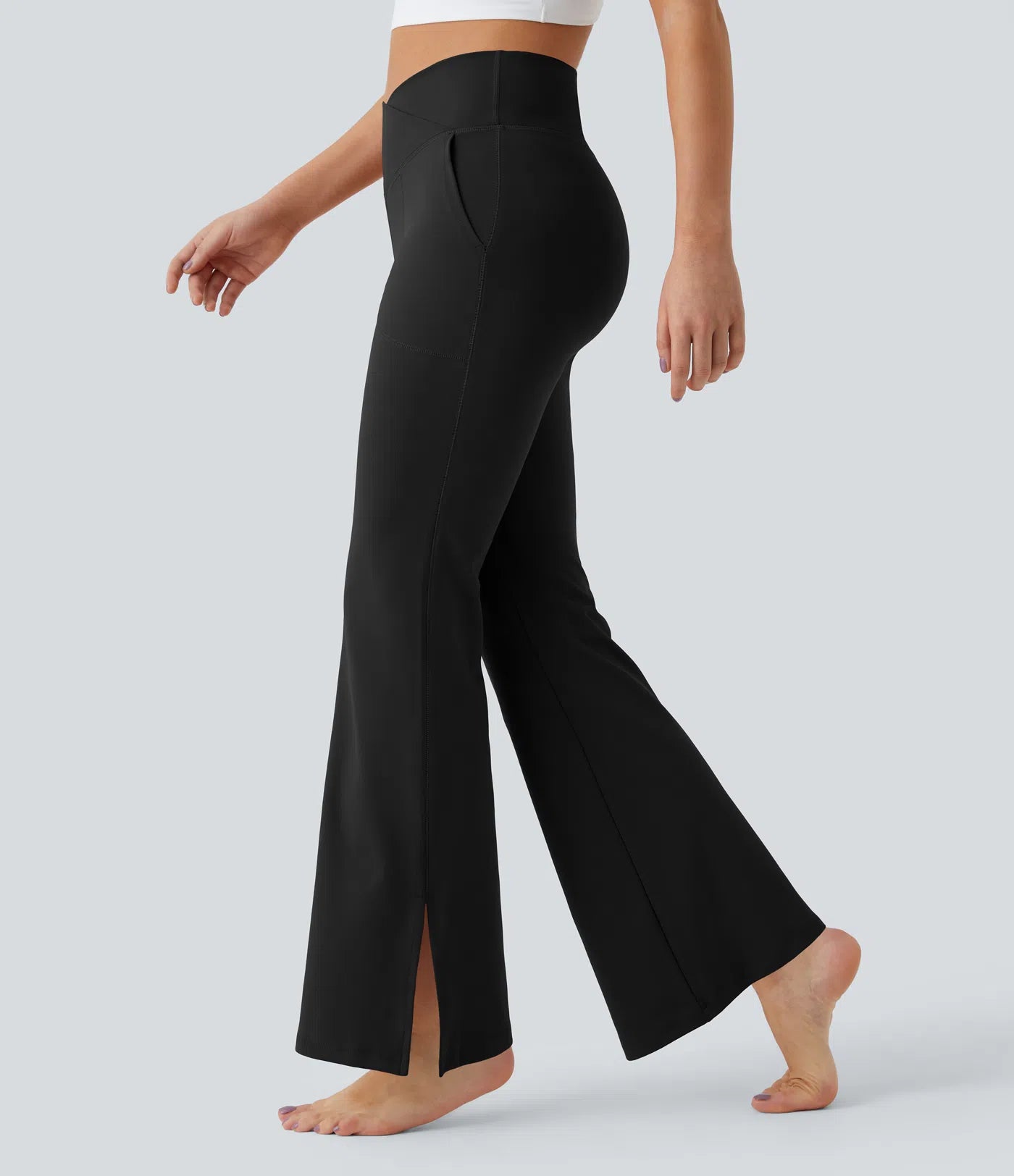 BumFlair - DayStretch Crossover Pocket Hem Full Length Flare Leggings-Smile