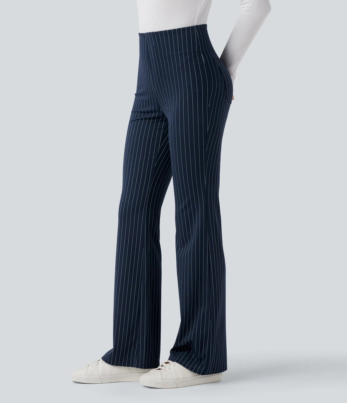 BumFlair - High Waisted Striped Work Flare Pants with Pockets
