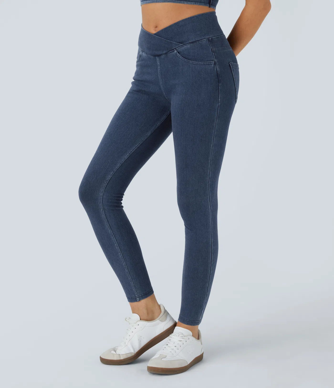 BumFlair - High Waisted Crossover Pockets Denim Work Leggings