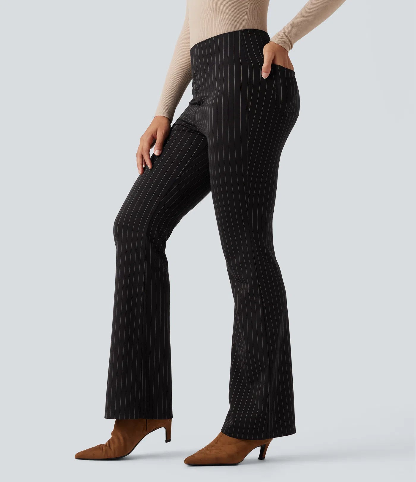 BumFlair - High Waisted Striped Work Flare Pants with Pockets