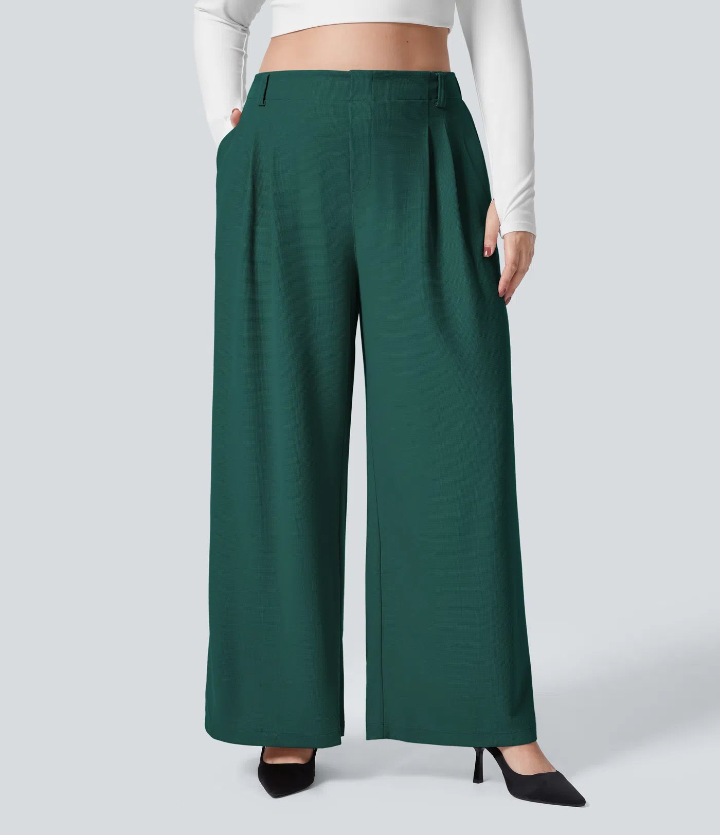 BumFlair - High Waisted Pocket Wide Leg Waffle Work Plus Size Pants