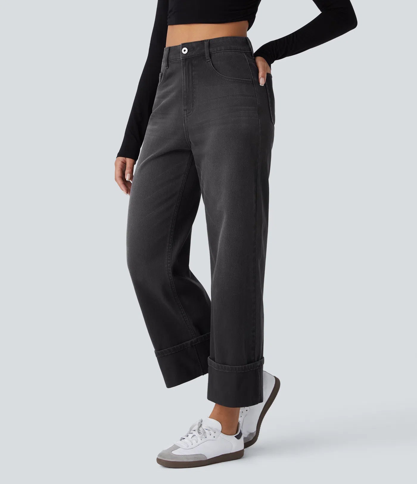 BumFlair - High Waisted Pockets Rolled Hem Wide Leg Washed Casual Jeans