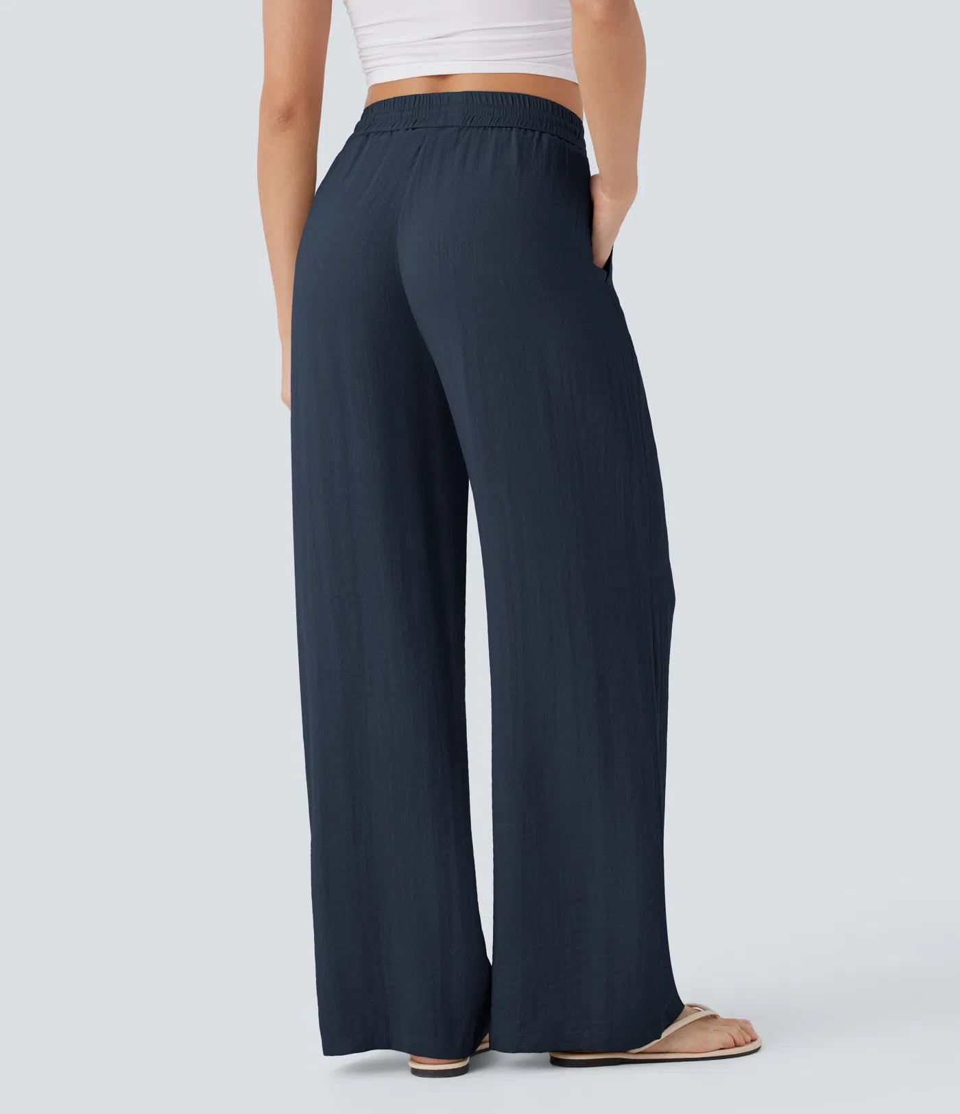 BumFlair - High Waisted Drawstring Pocket Wide Leg Casual Linen-Feel Pants