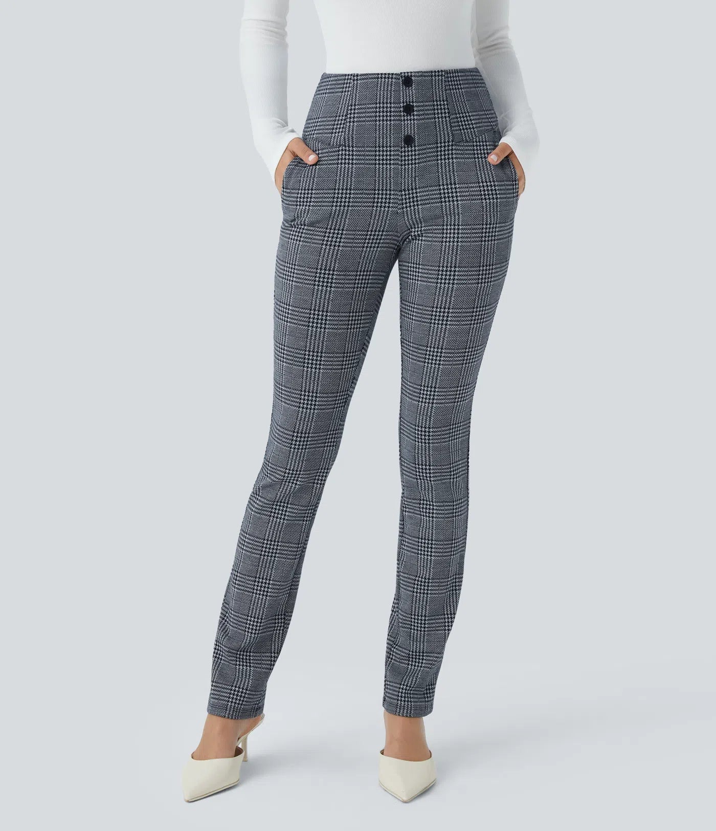 BumFlair – High Waisted Houndstooth Plaid Skinny Work Pants with Pockets