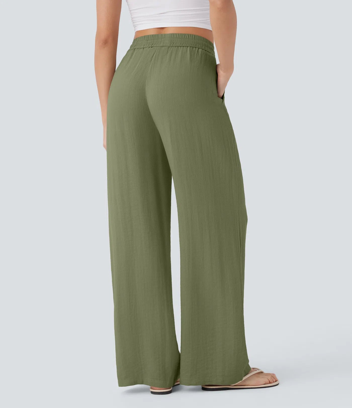 BumFlair - High Waisted Drawstring Pocket Wide Leg Casual Linen-Feel Pants