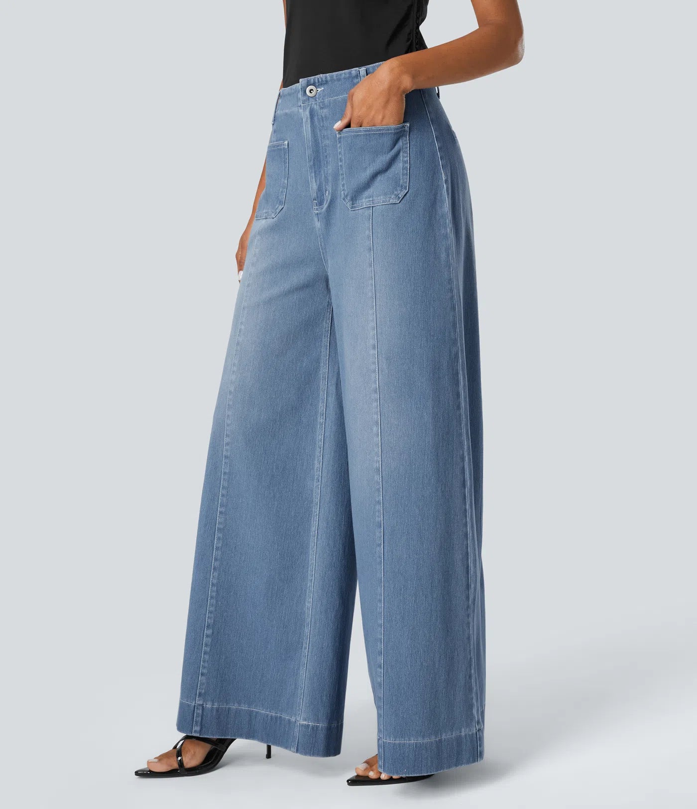BumFlair – High Waisted Pockets Washed Casual Wide Leg Jeans