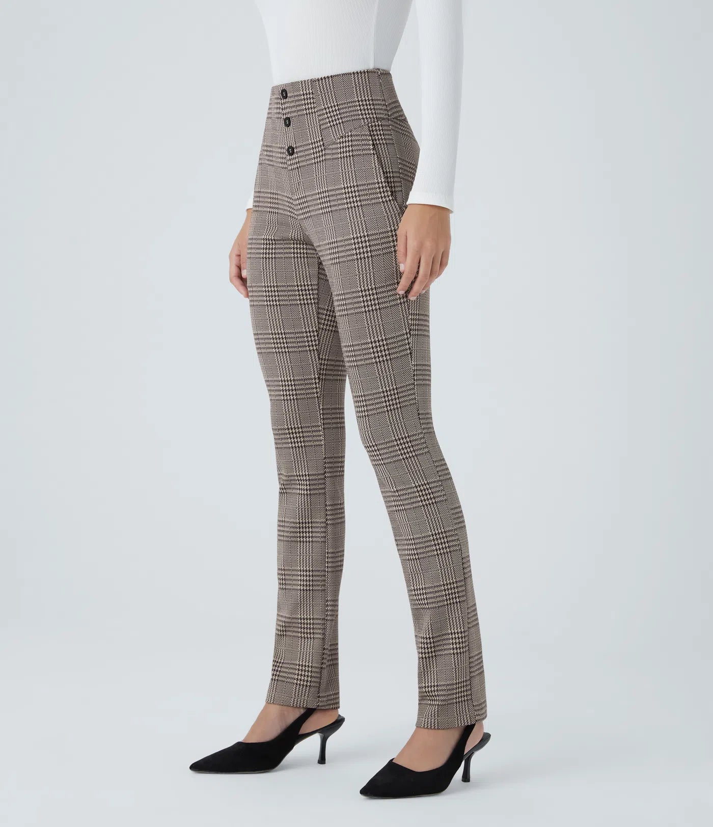 BumFlair – High Waisted Houndstooth Plaid Skinny Work Pants with Pockets