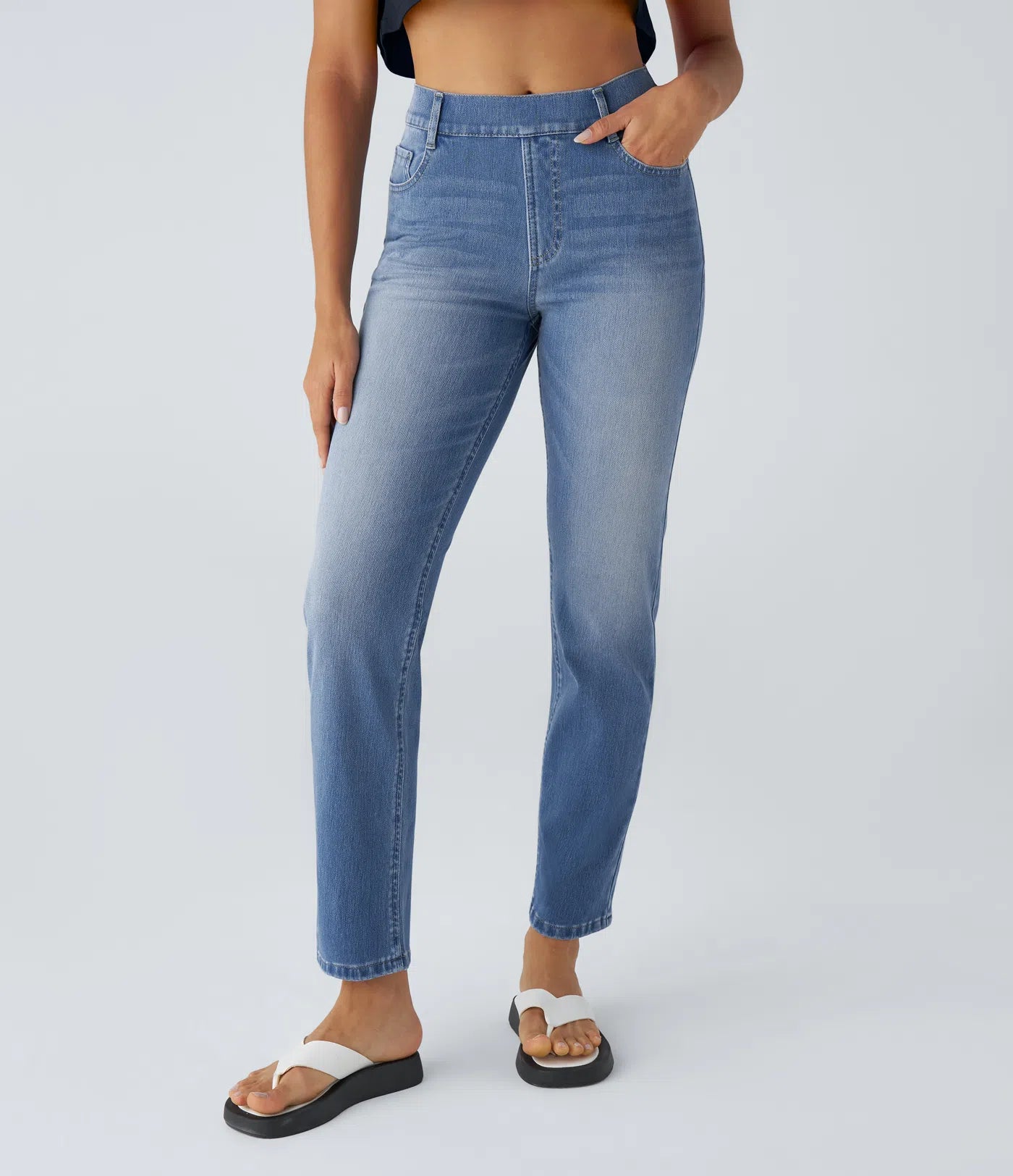 BumFlair - High Waisted Pockets Straight Leg Washed Casual Jeans