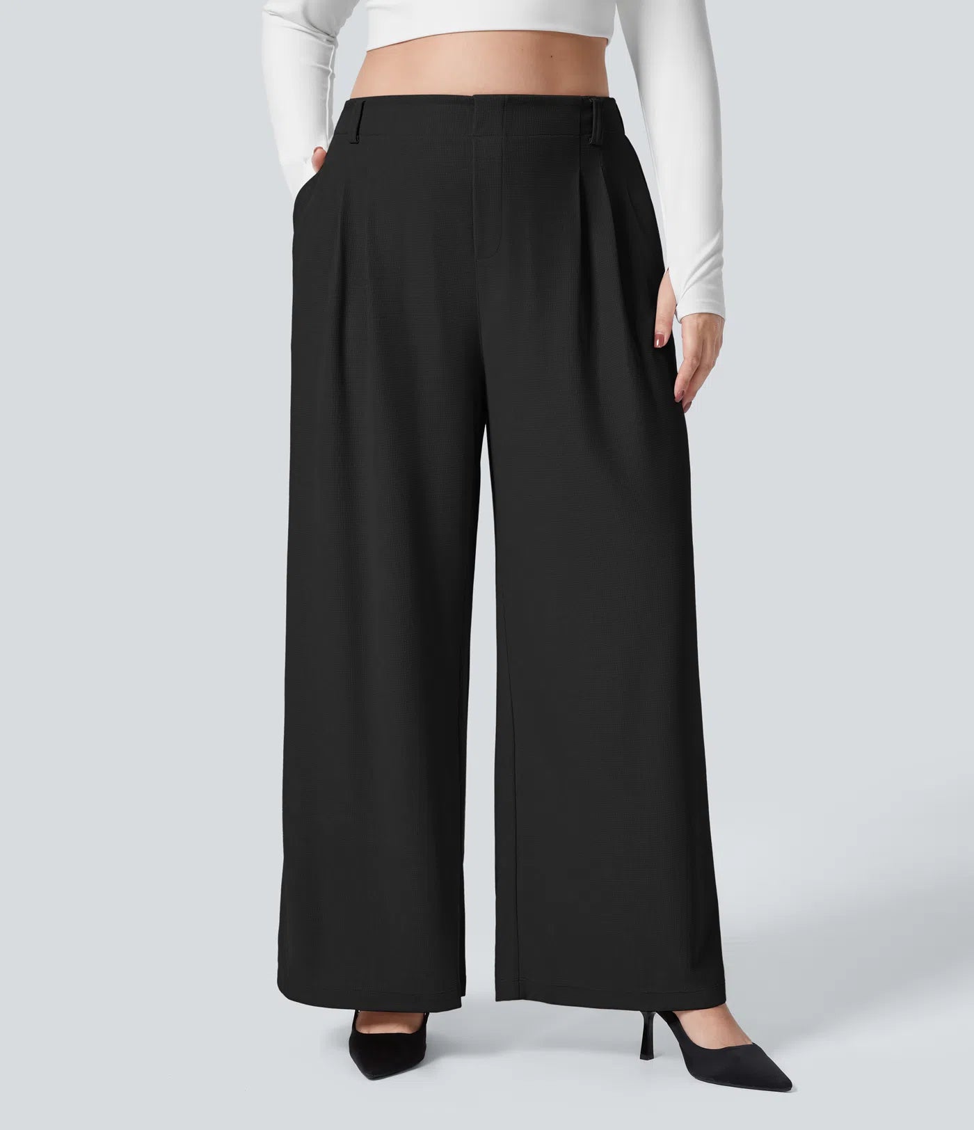 BumFlair - High Waisted Pocket Wide Leg Waffle Work Plus Size Pants