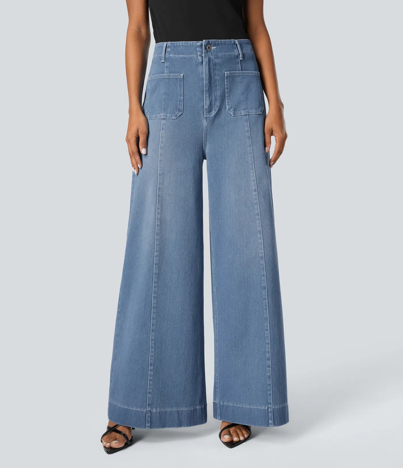 BumFlair – High Waisted Pockets Washed Casual Wide Leg Jeans