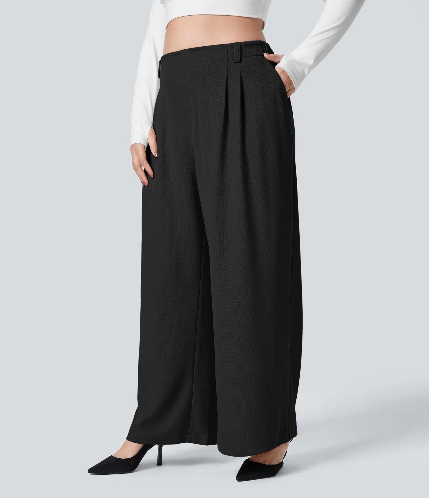 BumFlair - High Waisted Pocket Wide Leg Waffle Work Plus Size Pants