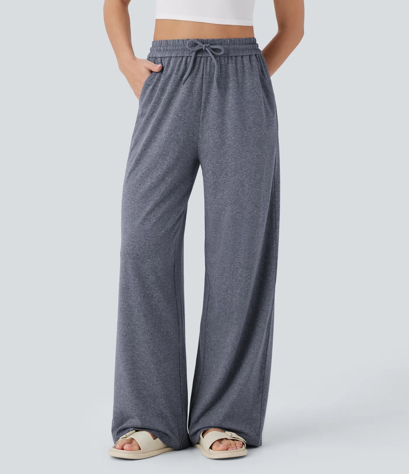 BumFlair - High Waisted Drawstring Pocket Wide Leg Casual Pants