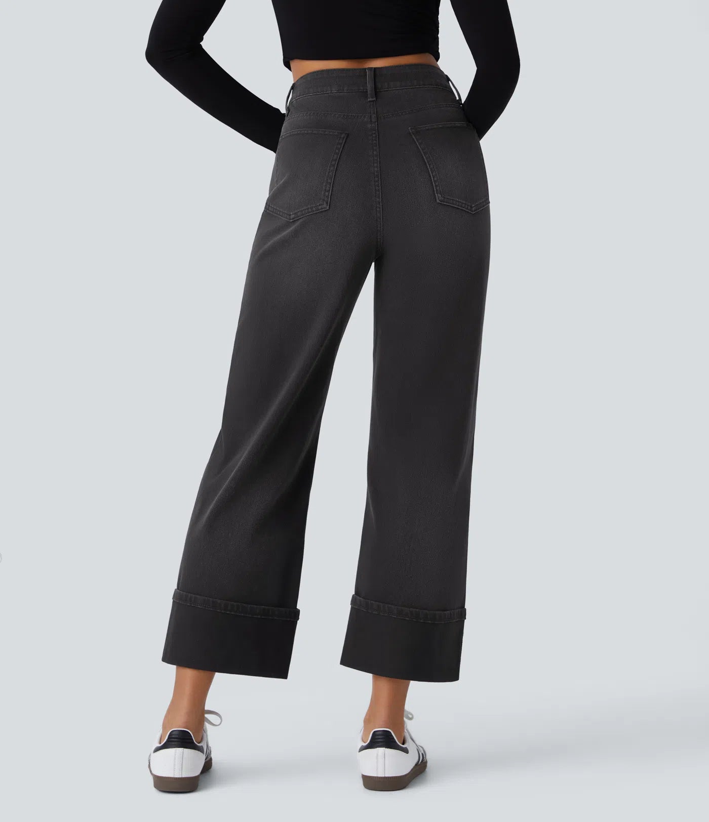 BumFlair - High Waisted Pockets Rolled Hem Wide Leg Washed Casual Jeans