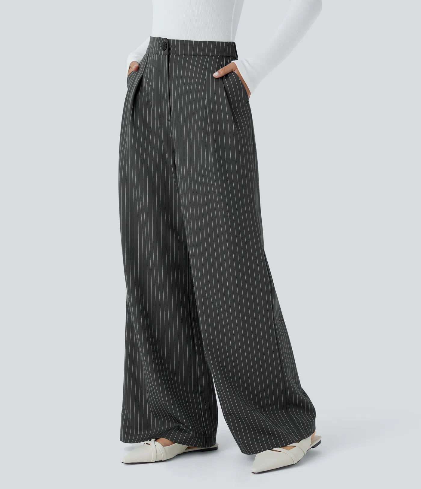 BumFlair – High Waisted Zipper Pocket Wide Leg Striped Work Pants