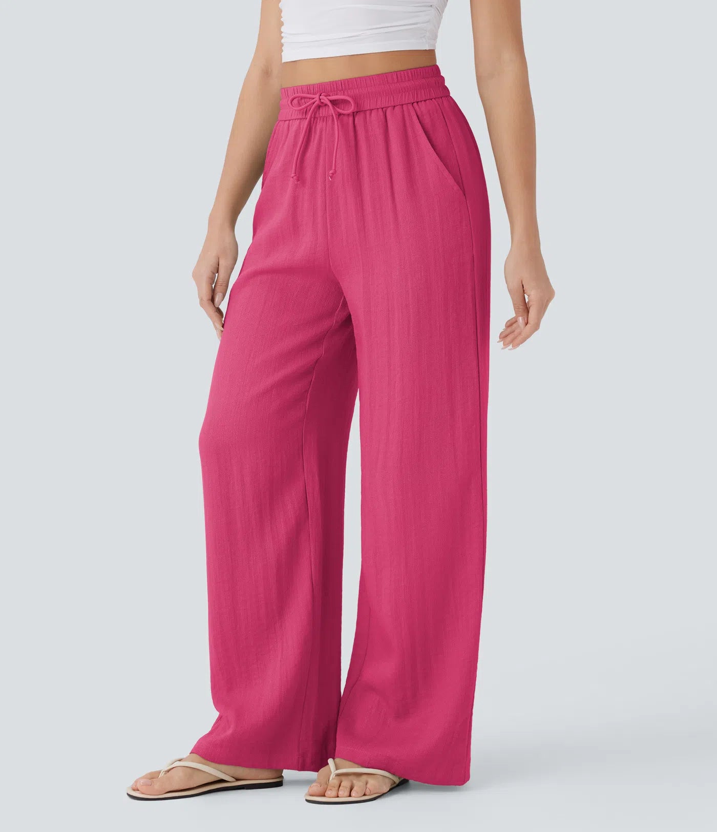 BumFlair - High Waisted Drawstring Pocket Wide Leg Casual Linen-Feel Pants