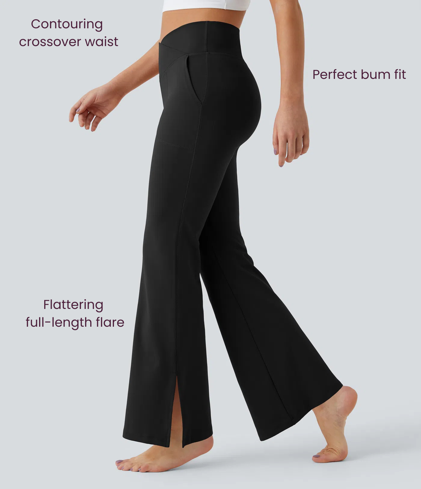 BumFlair - DayStretch Crossover Pocket Hem Full Length Flare Leggings-Smile