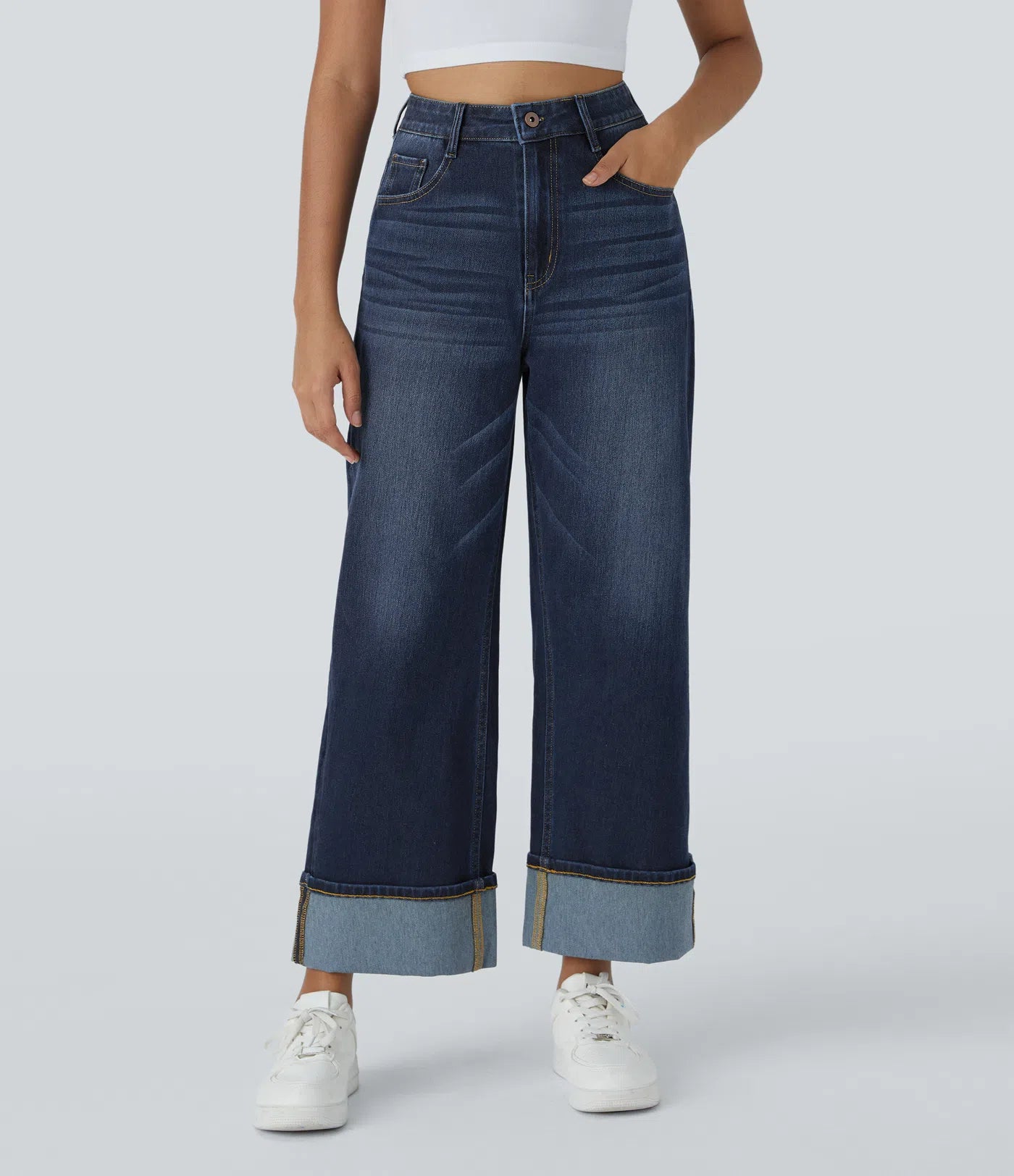 BumFlair - High Waisted Pockets Rolled Hem Wide Leg Washed Casual Jeans