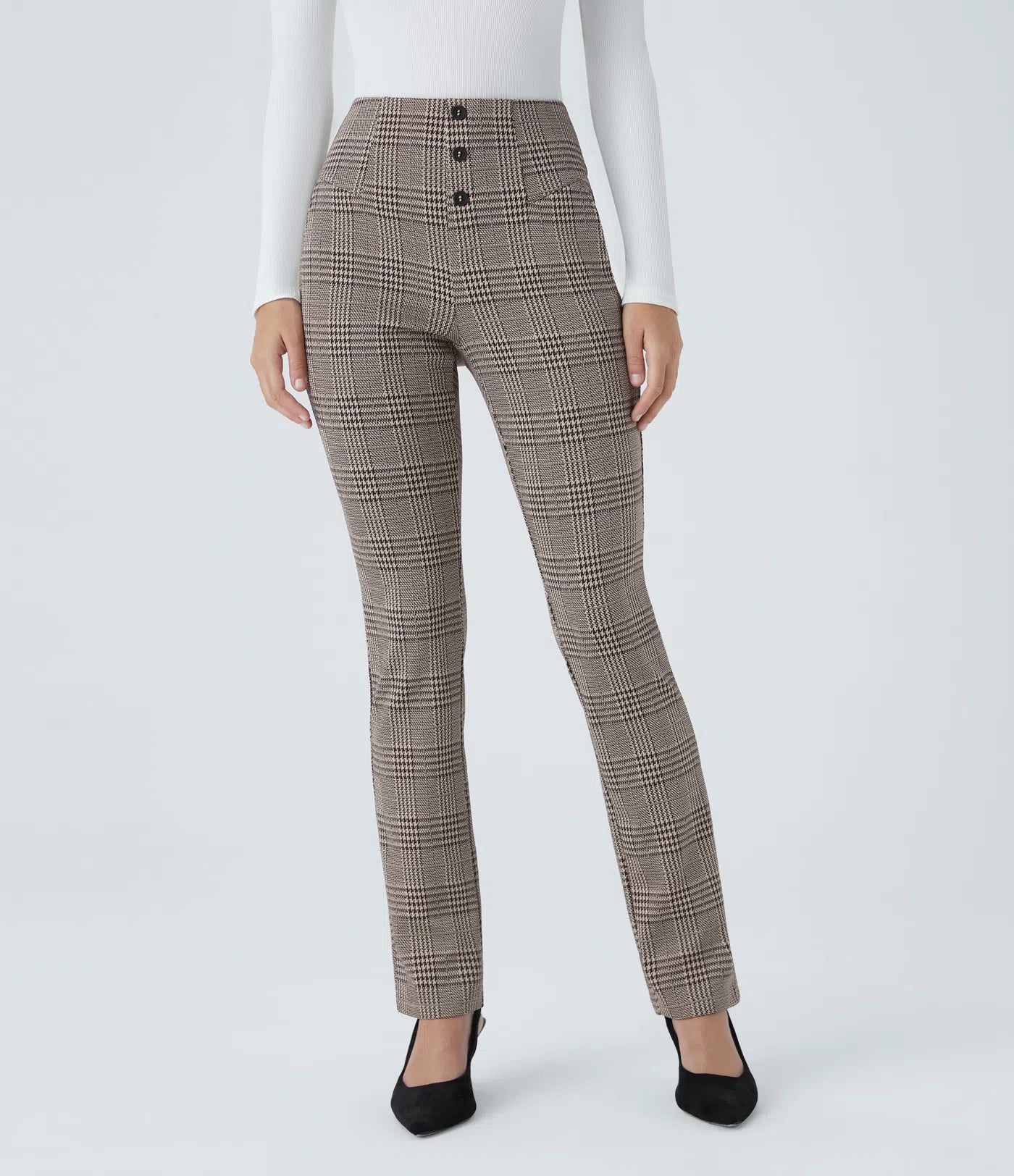 BumFlair – High Waisted Houndstooth Plaid Skinny Work Pants with Pockets