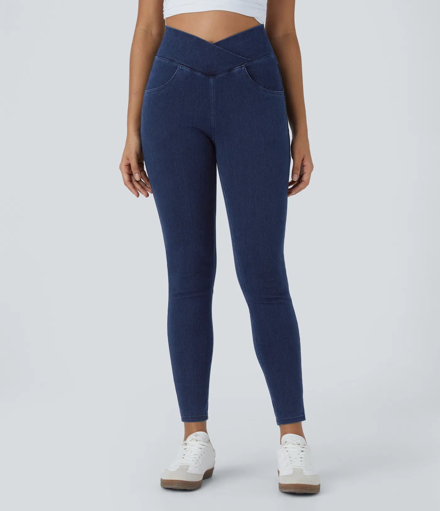 BumFlair - High Waisted Crossover Pockets Denim Work Leggings