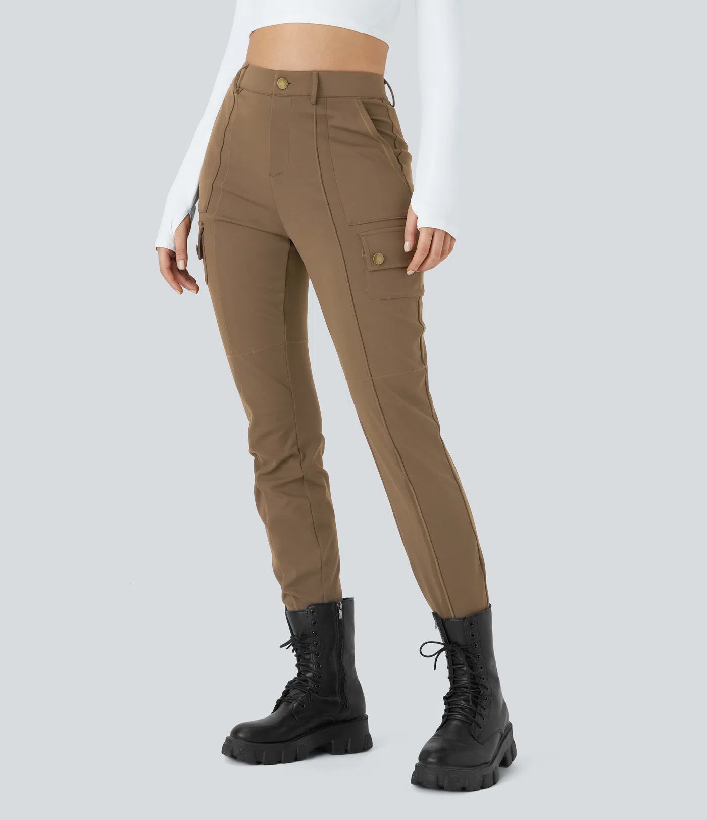 BumFlair - DayStretch High Waisted Zipper Pockets Solid Skinny Cargo Pants