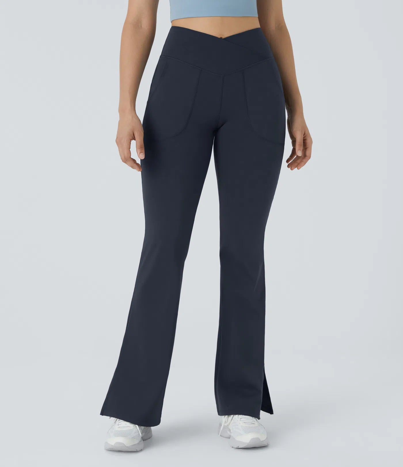 BumFlair - DayStretch Crossover Pocket Hem Full Length Flare Leggings-Smile