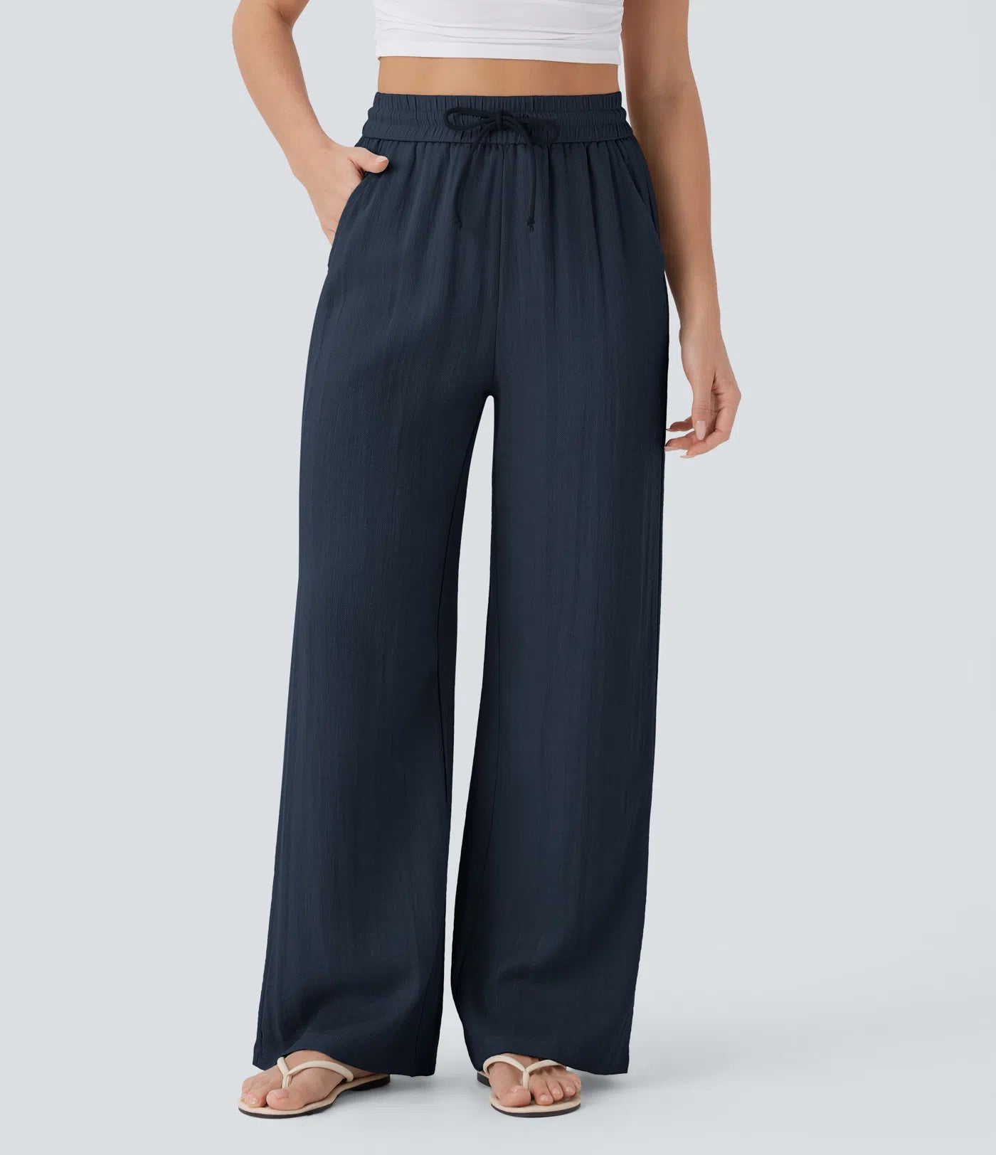 BumFlair - High Waisted Drawstring Pocket Wide Leg Casual Linen-Feel Pants