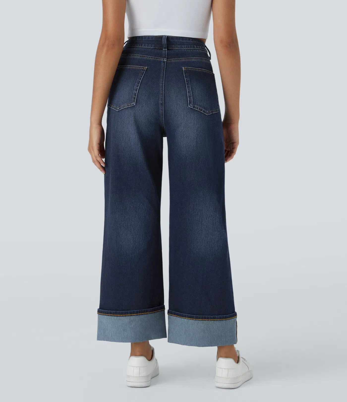 BumFlair - High Waisted Pockets Rolled Hem Wide Leg Washed Casual Jeans