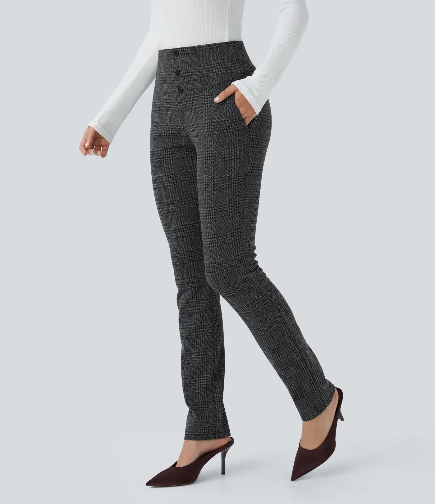 BumFlair – High Waisted Houndstooth Plaid Skinny Work Pants with Pockets
