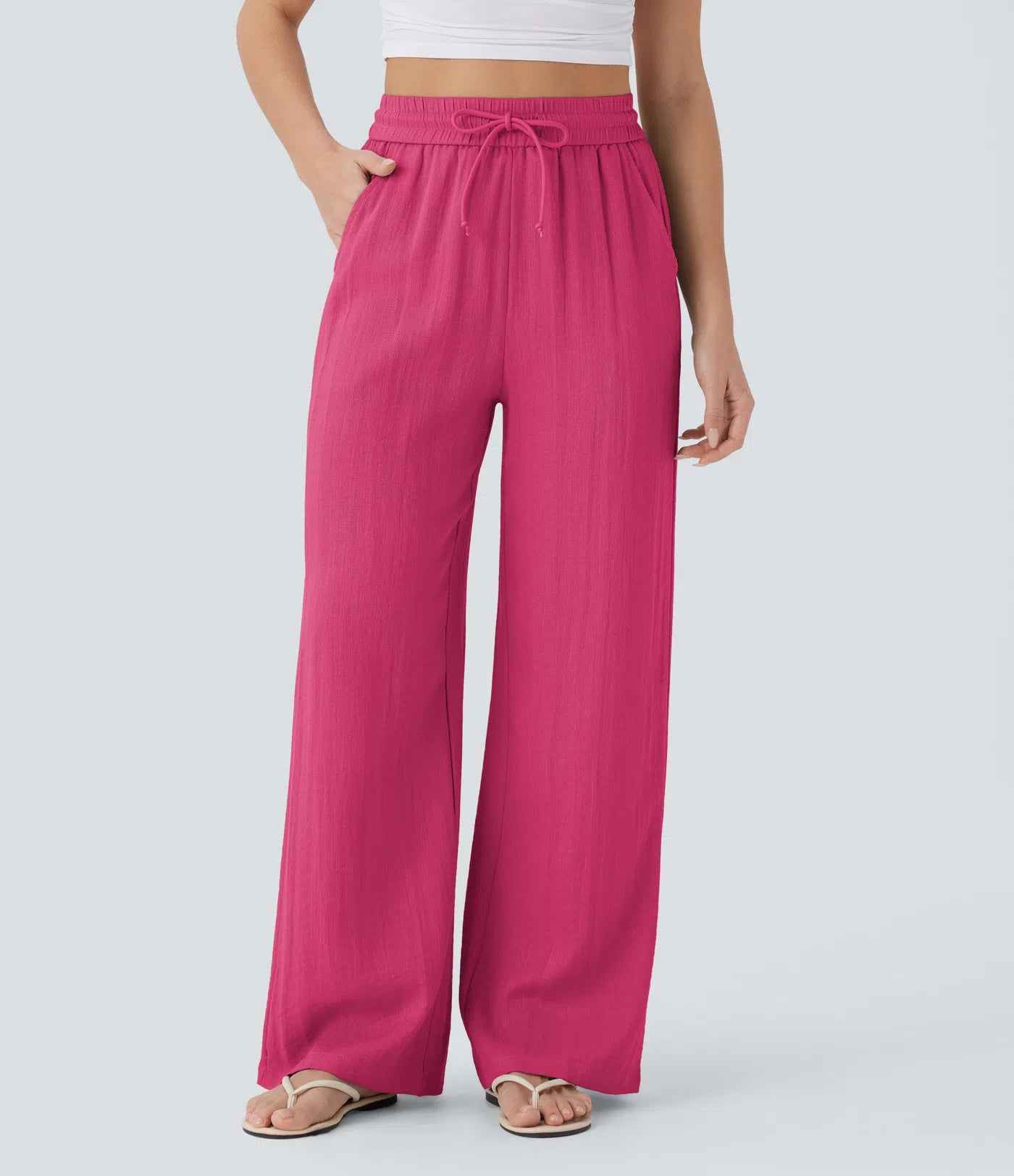 BumFlair - High Waisted Drawstring Pocket Wide Leg Casual Linen-Feel Pants