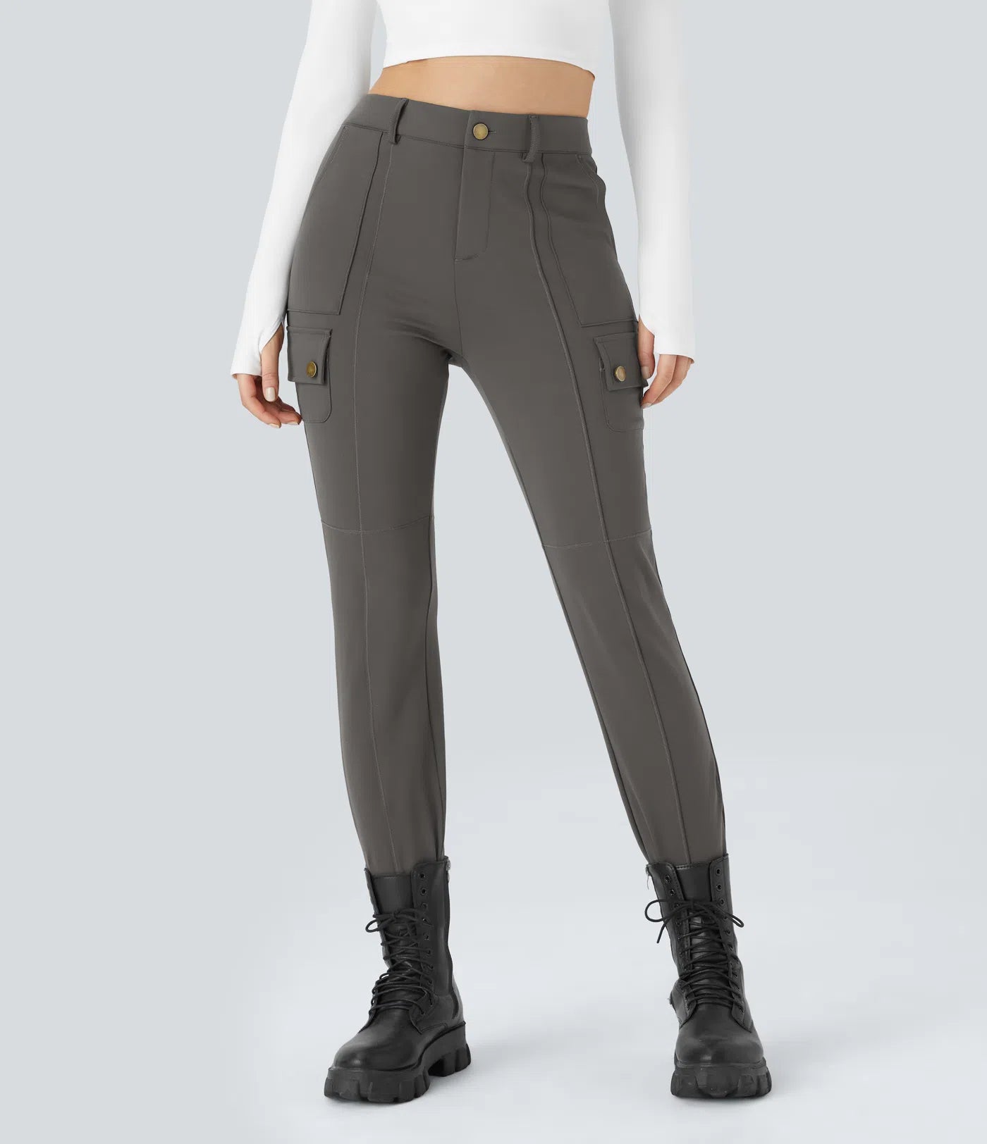BumFlair - DayStretch High Waisted Zipper Pockets Solid Skinny Cargo Pants