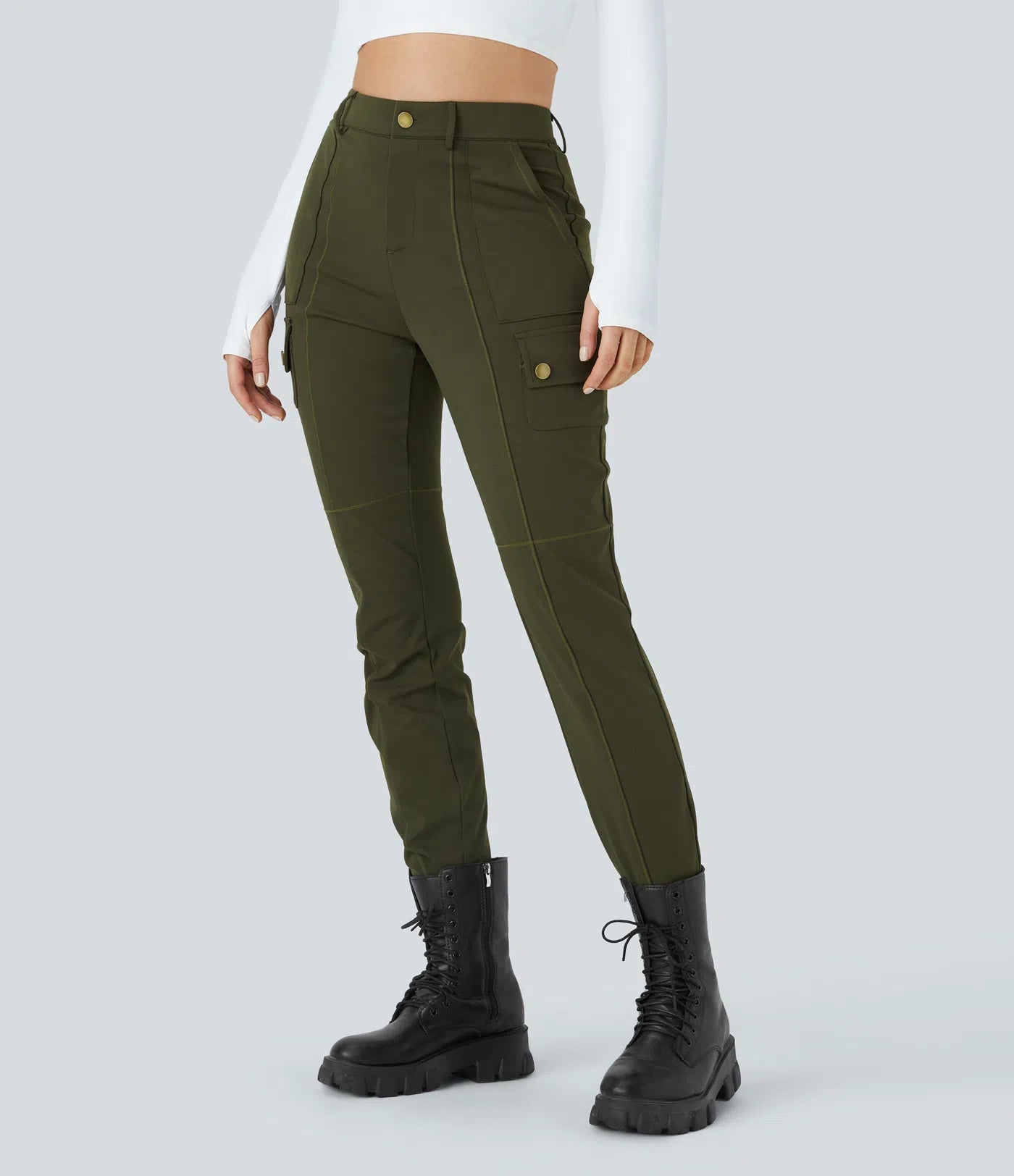 BumFlair - DayStretch High Waisted Zipper Pockets Solid Skinny Cargo Pants