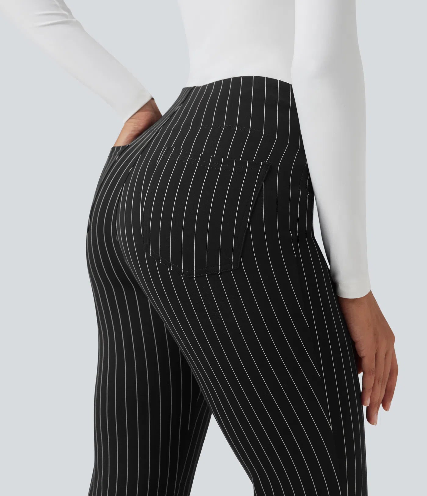 BumFlair - High Waisted Striped Work Flare Pants with Pockets