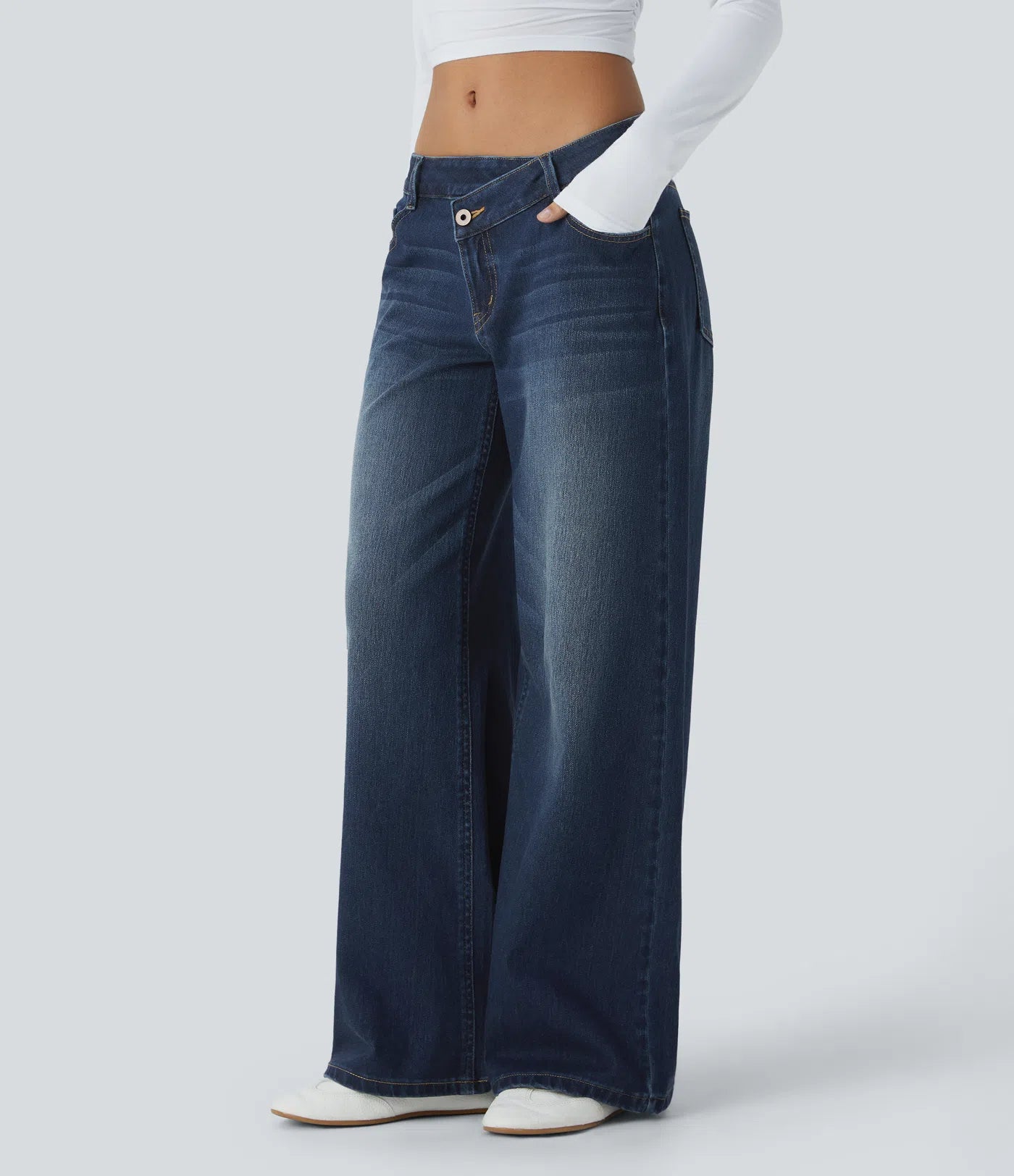 BumFlair - Asymmetric Low Rise Zipper Pockets Baggy Wide Leg Washed Casual Jeans
