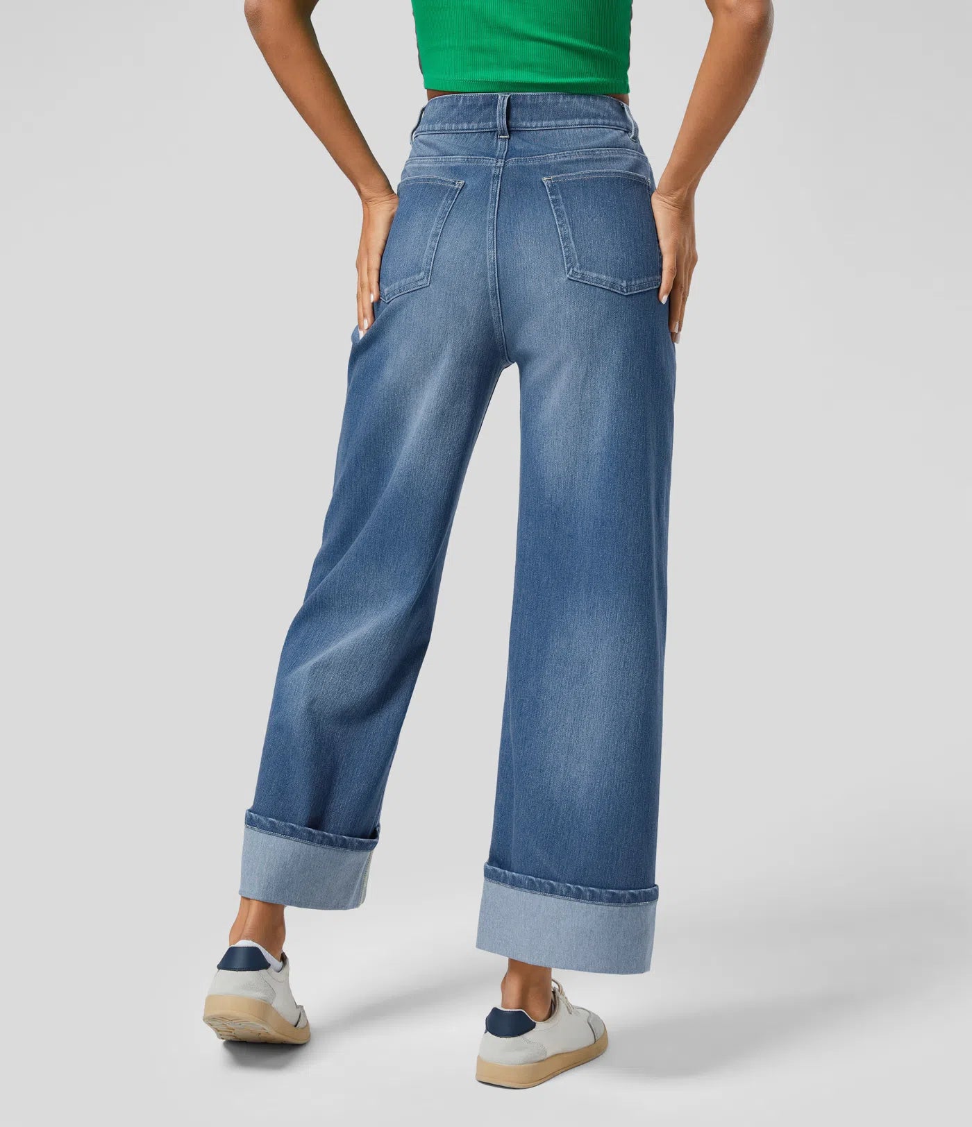 BumFlair - High Waisted Pockets Rolled Hem Wide Leg Washed Casual Jeans