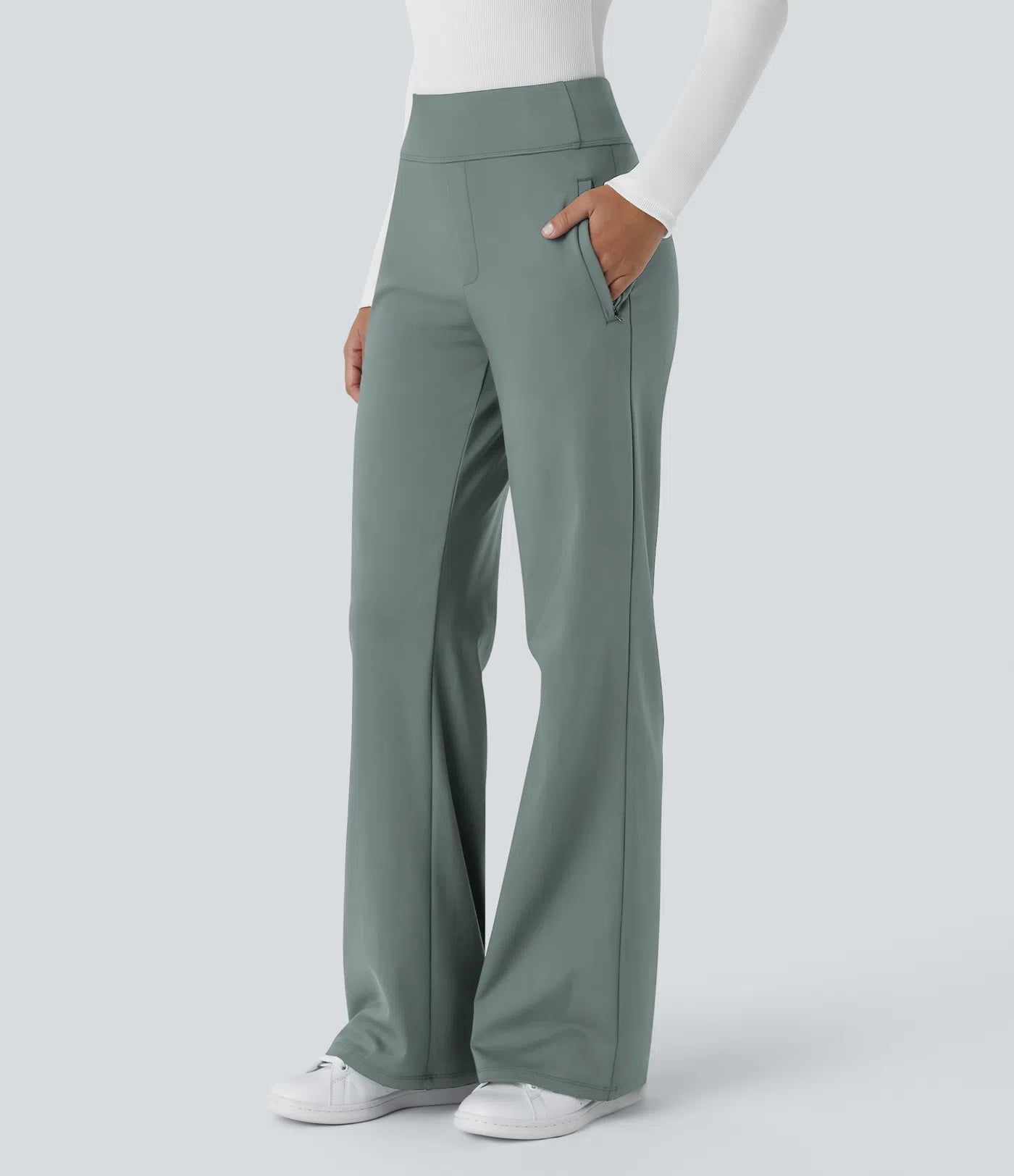 BumFlair - Mid Rise Side Zipper Pocket Work Flare Pants