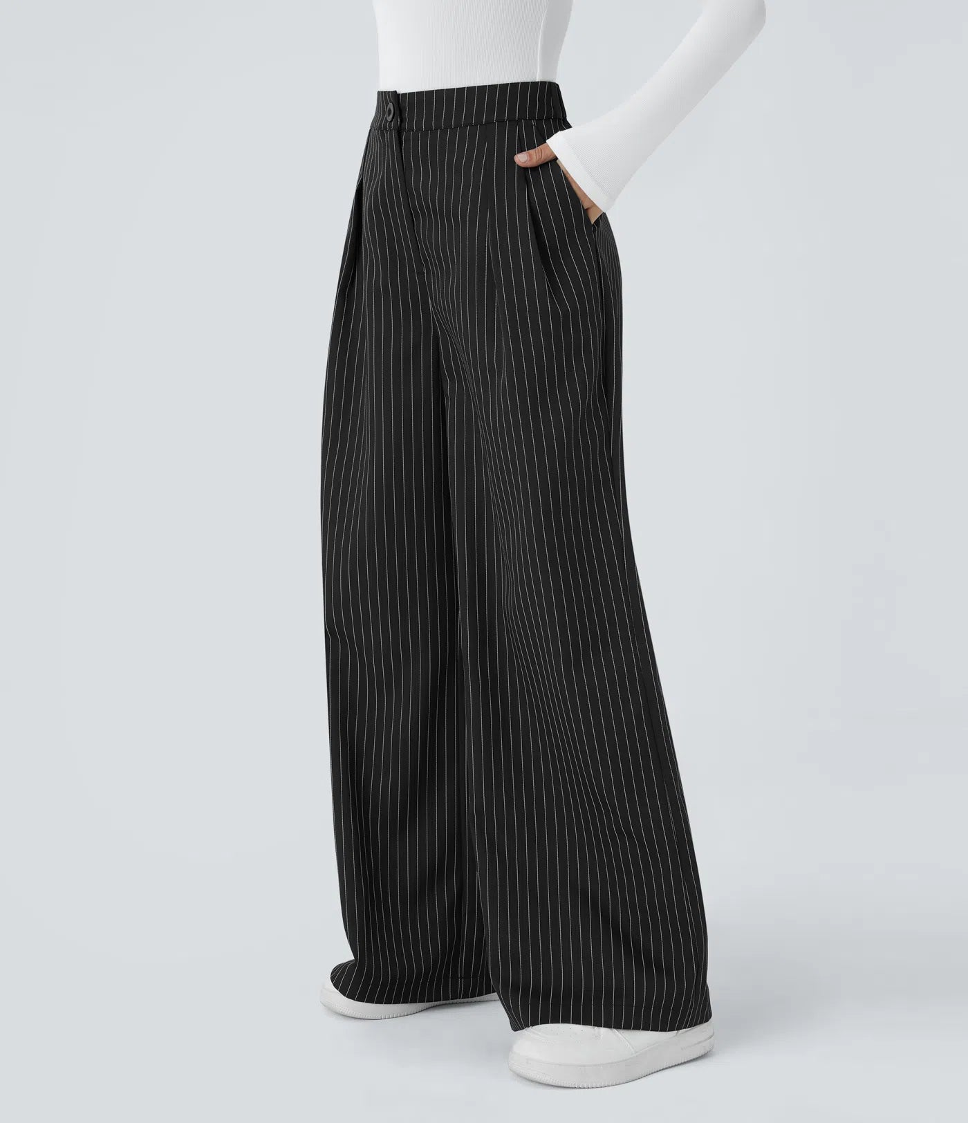 BumFlair – High Waisted Zipper Pocket Wide Leg Striped Work Pants