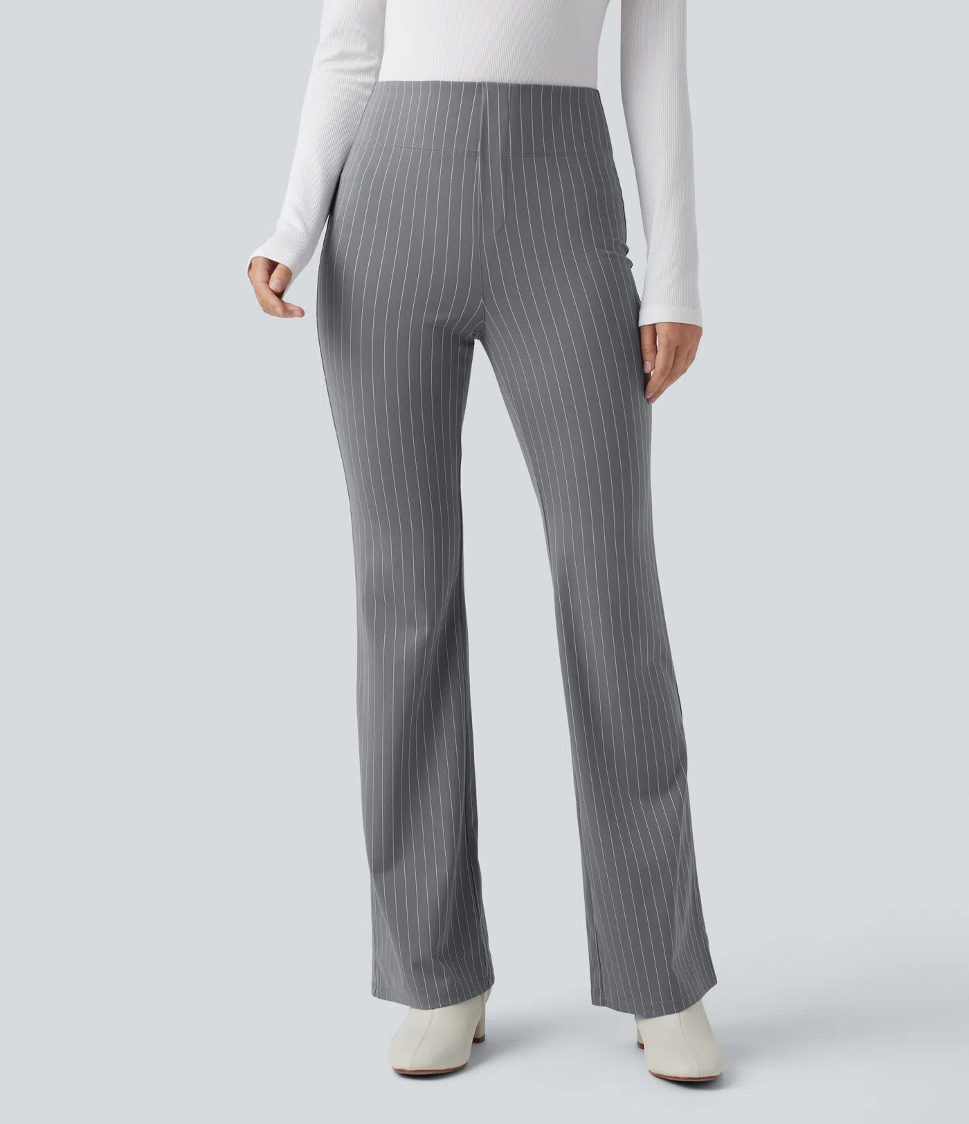 BumFlair - High Waisted Striped Work Flare Pants with Pockets