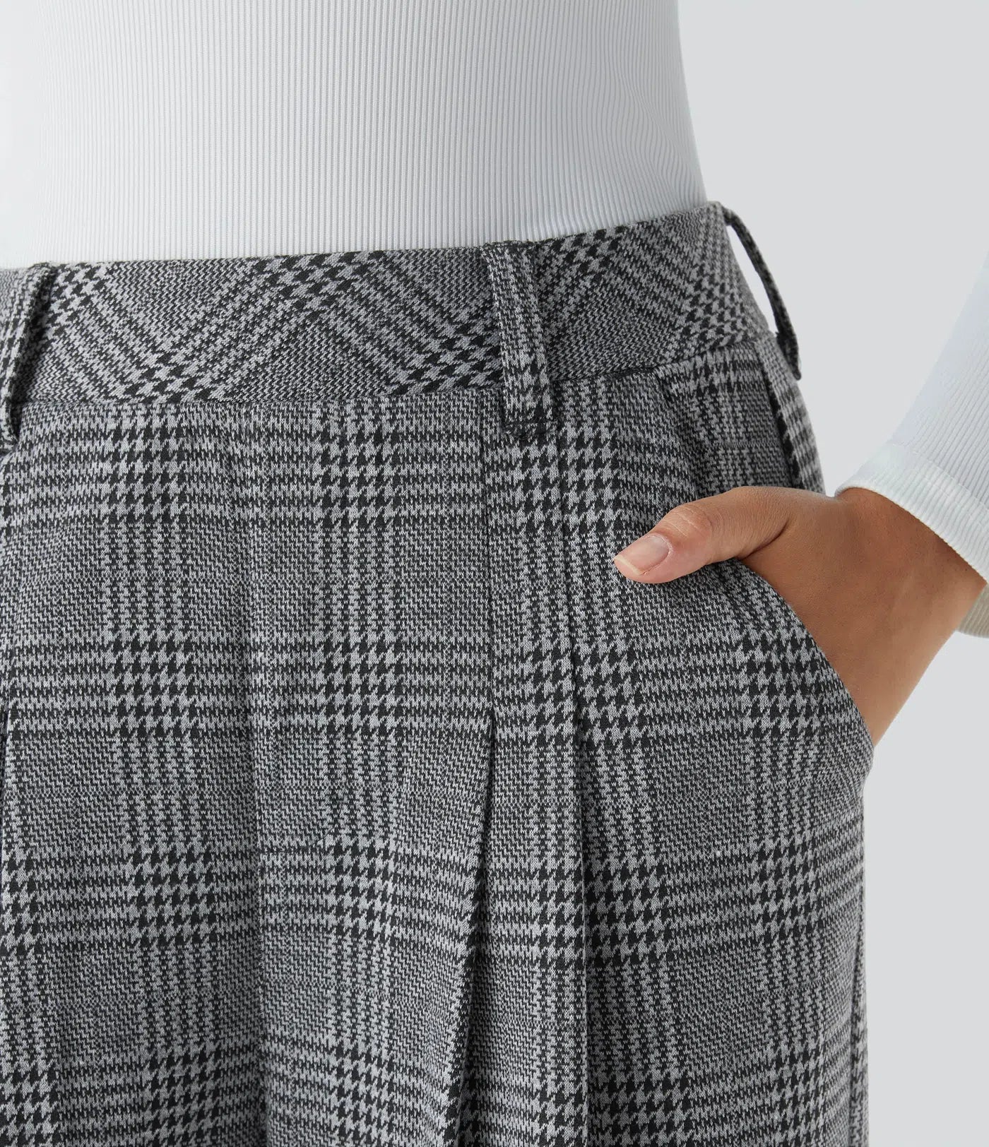BumFlair - High Waisted Pocket Wide Leg Houndstooth Plaid Casual Pants