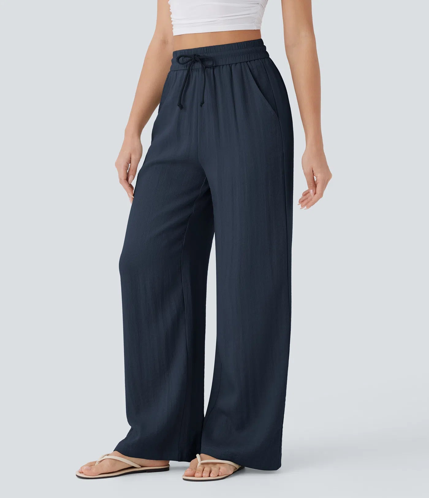 BumFlair - High Waisted Drawstring Pocket Wide Leg Casual Linen-Feel Pants
