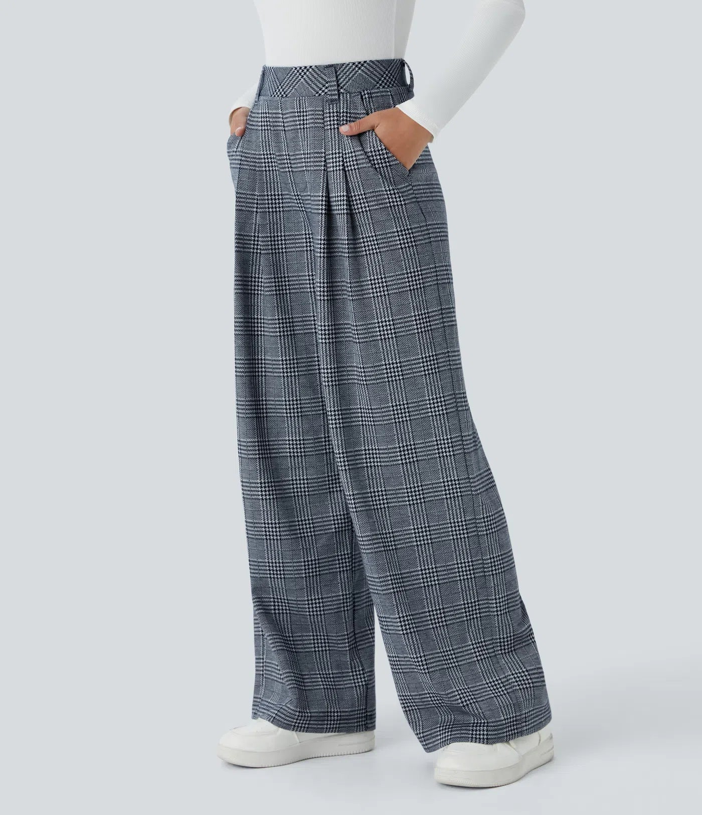 BumFlair - High Waisted Pocket Wide Leg Houndstooth Plaid Casual Pants