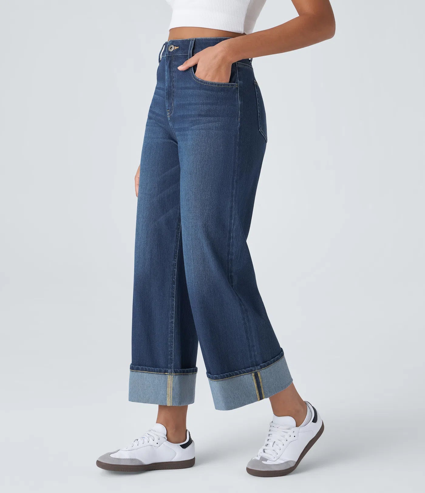 BumFlair - High Waisted Pockets Rolled Hem Wide Leg Washed Casual Jeans