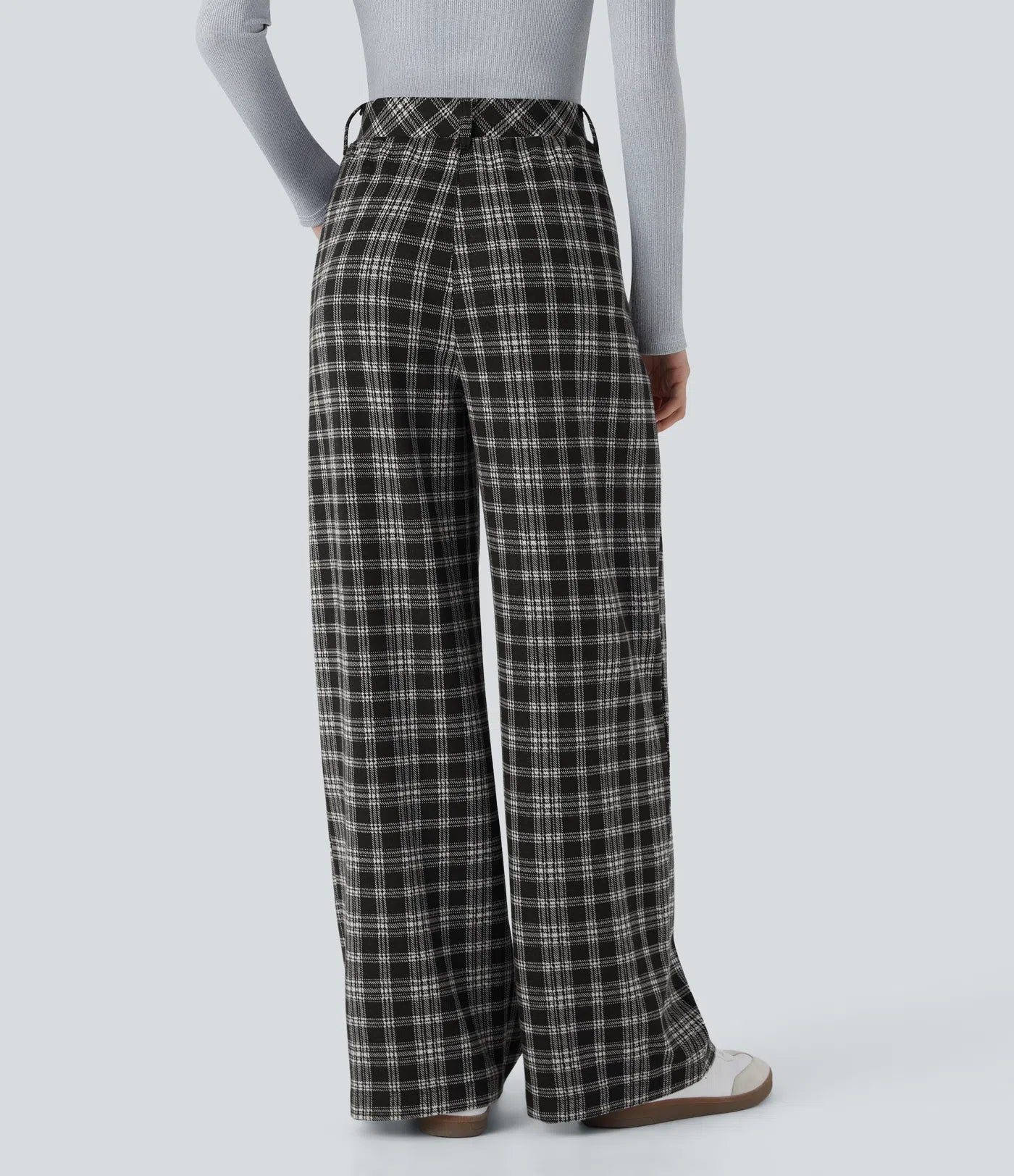 BumFlair - High Waisted Pocket Wide Leg Houndstooth Plaid Casual Pants