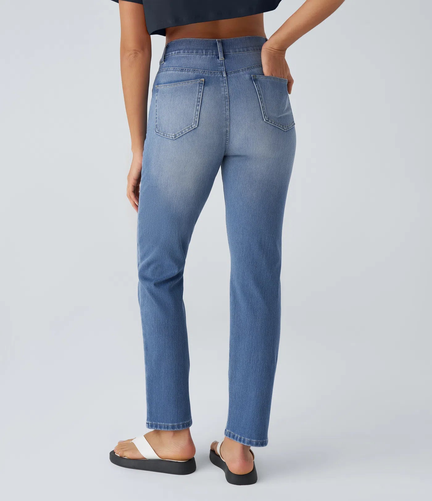 BumFlair - High Waisted Pockets Straight Leg Washed Casual Jeans