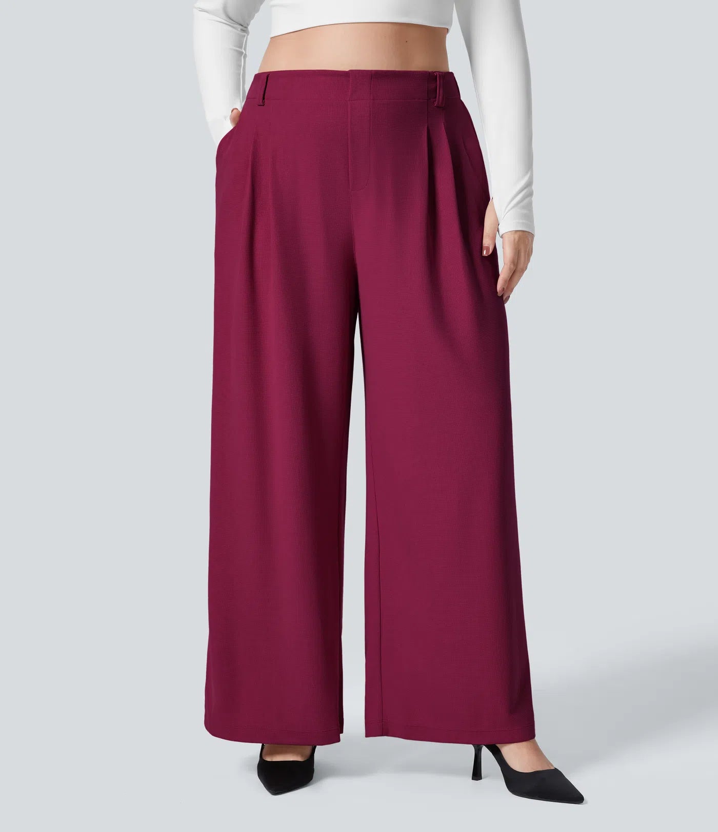 BumFlair - High Waisted Pocket Wide Leg Waffle Work Plus Size Pants