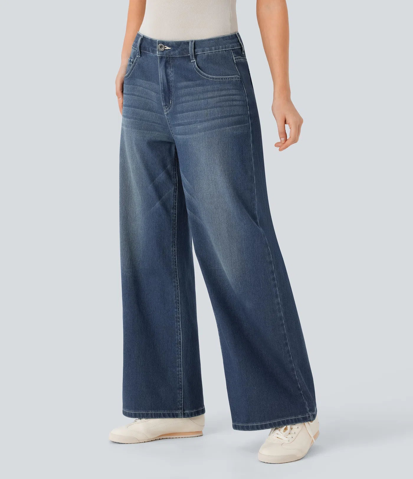 BumFlair - Low Rise Zipper Pockets Washed Baggy Wide Leg Casual Jeans