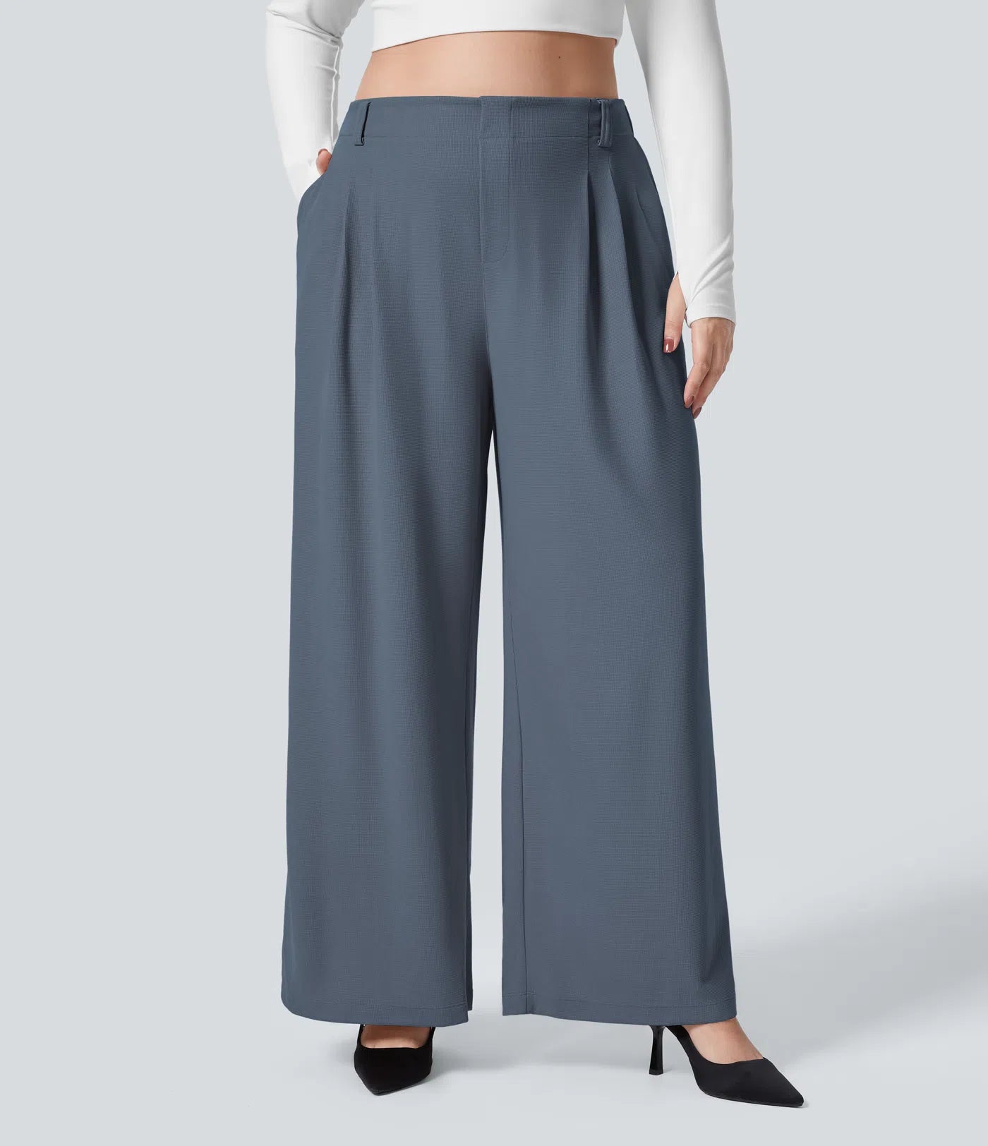 BumFlair - High Waisted Pocket Wide Leg Waffle Work Plus Size Pants
