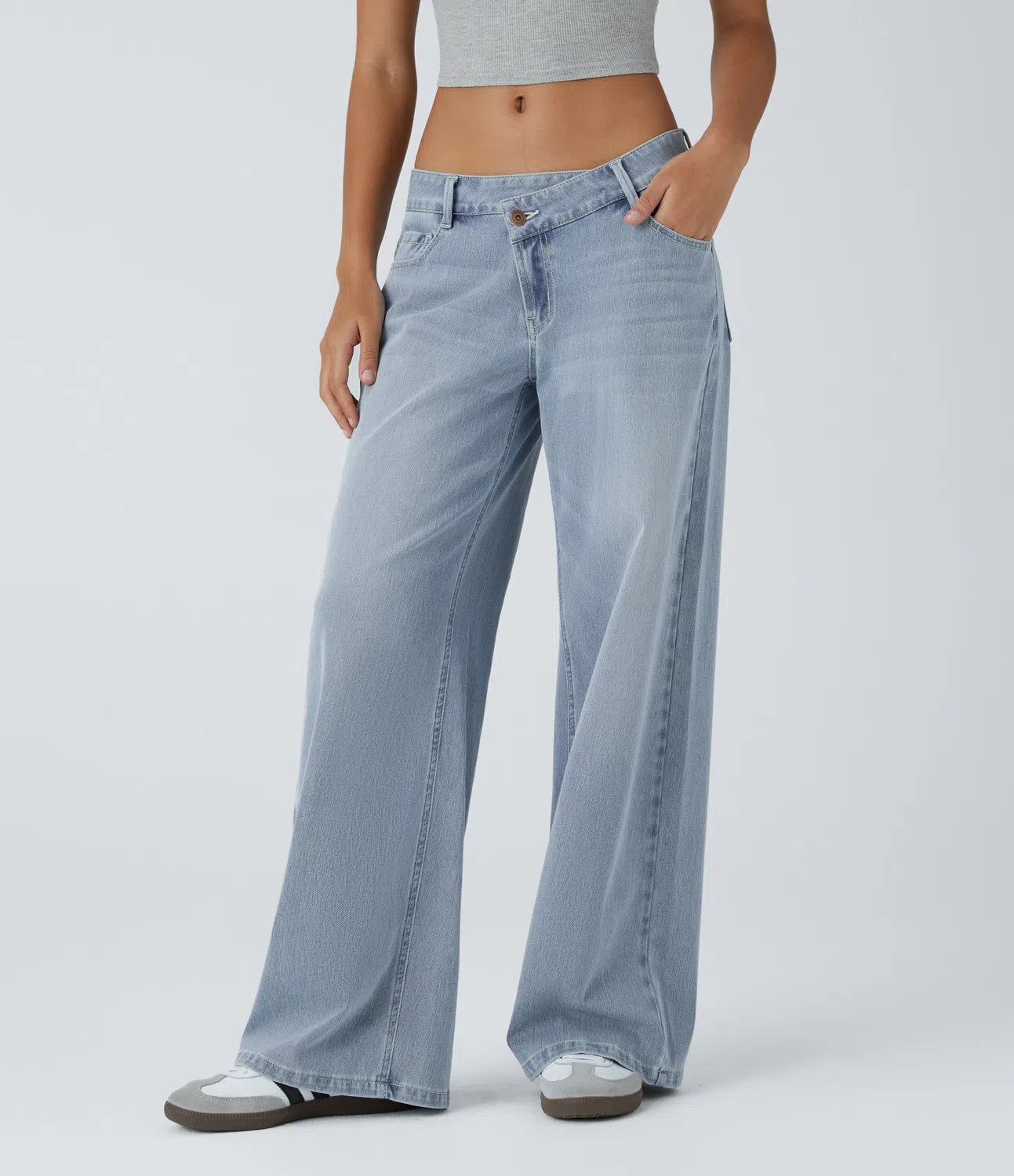 BumFlair - Asymmetric Low Rise Zipper Pockets Baggy Wide Leg Washed Casual Jeans