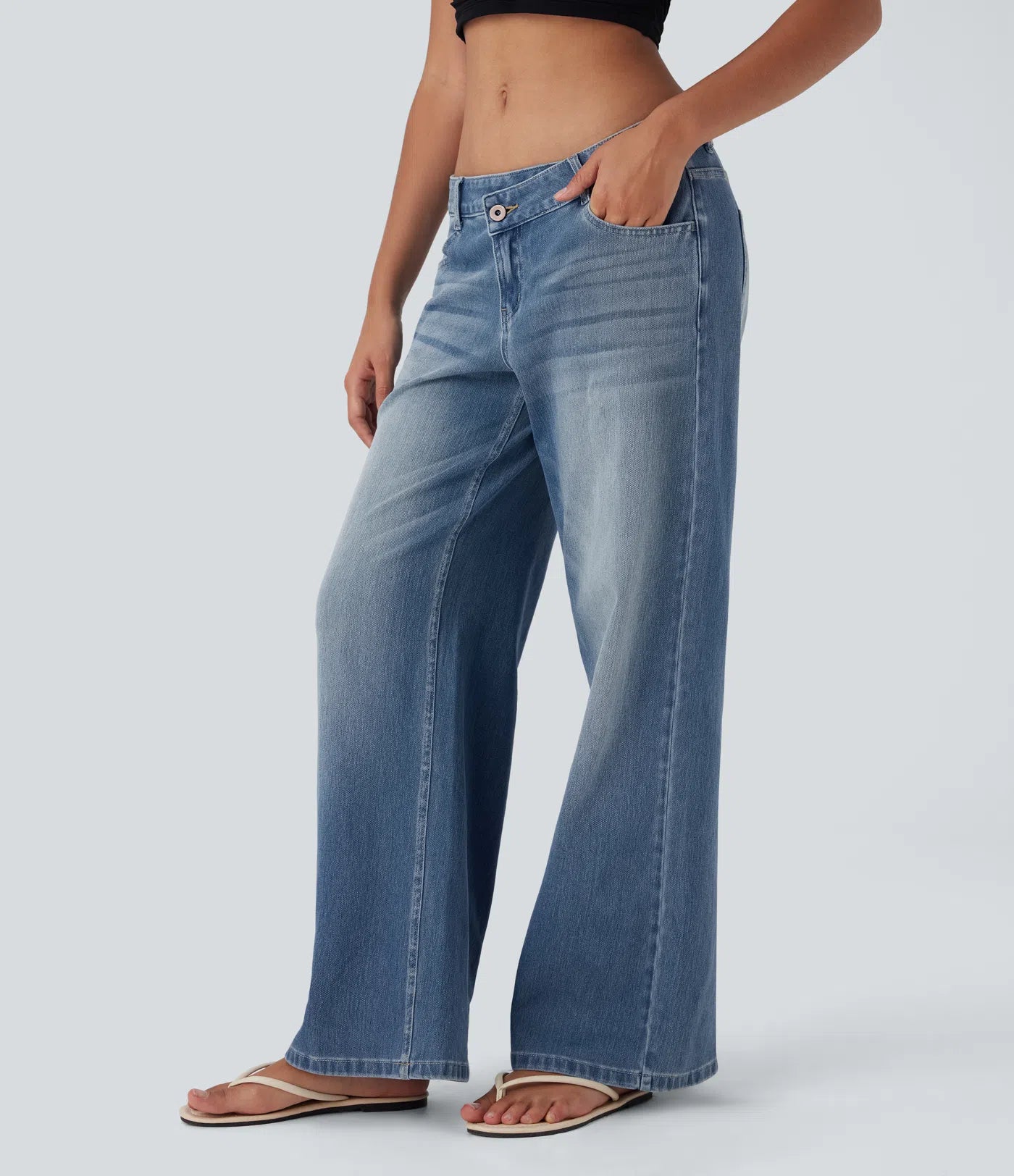 BumFlair - Asymmetric Low Rise Zipper Pockets Baggy Wide Leg Washed Casual Jeans